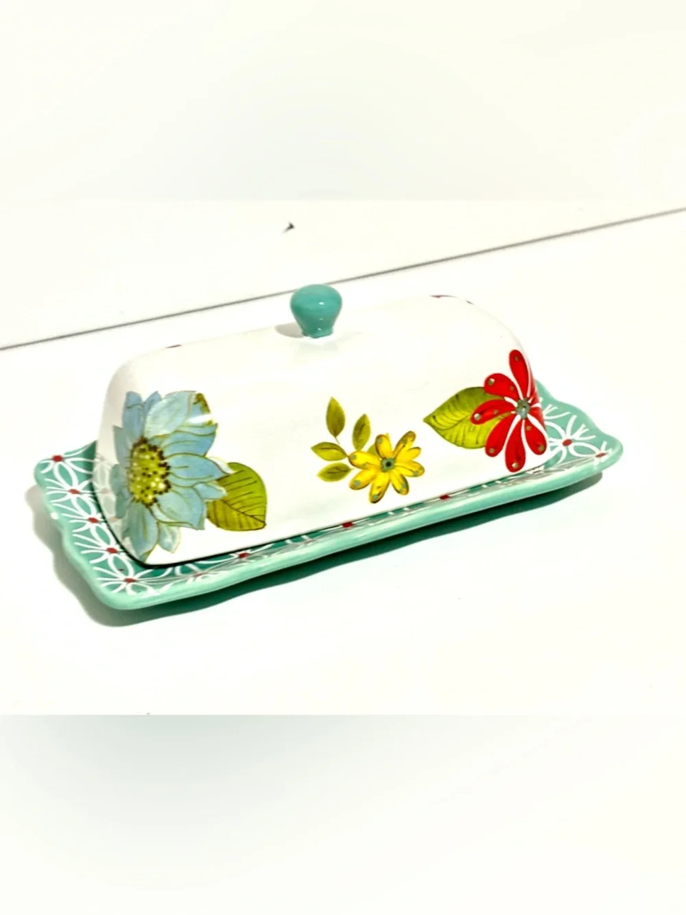 Studio California White w Blue & Red Flowers Ceramic Covered Butter Dish