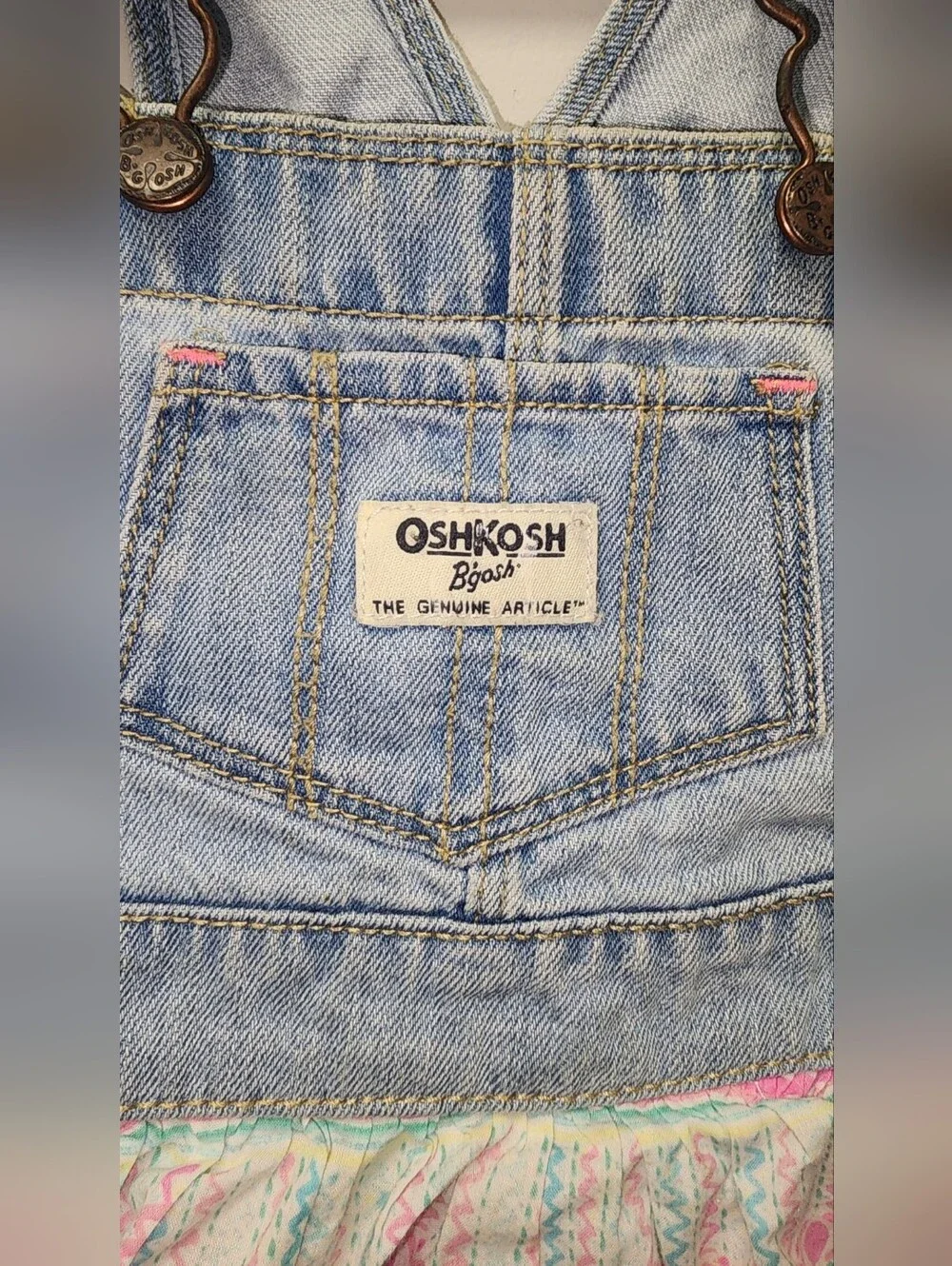 OshKosh B'gosh 18M Denim Overall Jumper Dress Tiered Ruffle Skirt Floral Pink