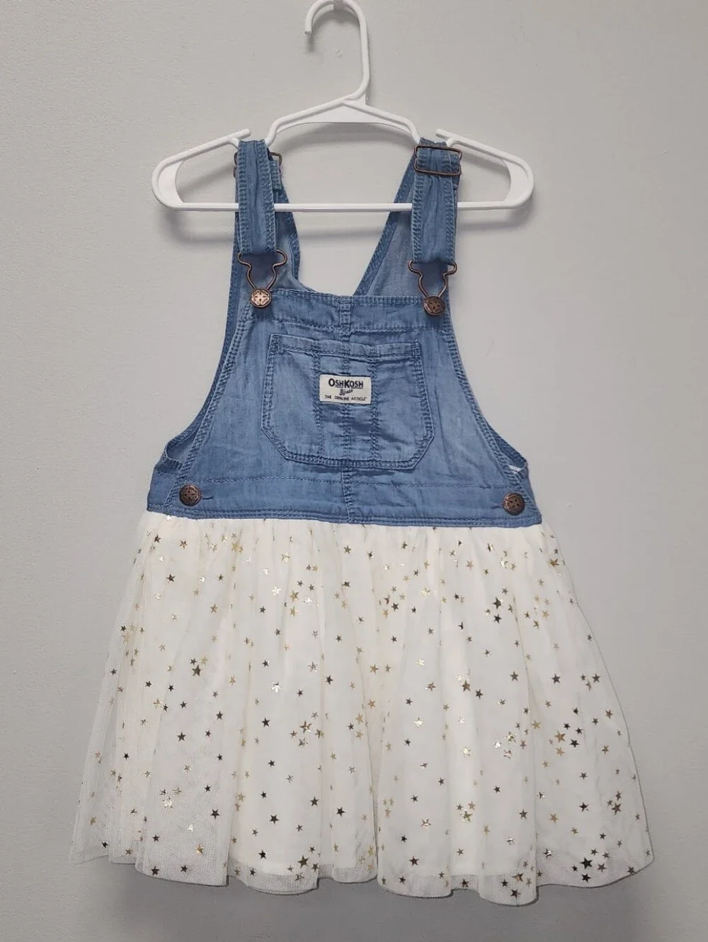 OshKosh B'gosh 3T Denim Overall Dress Gold Star Tulle Skirt Toddler Girl