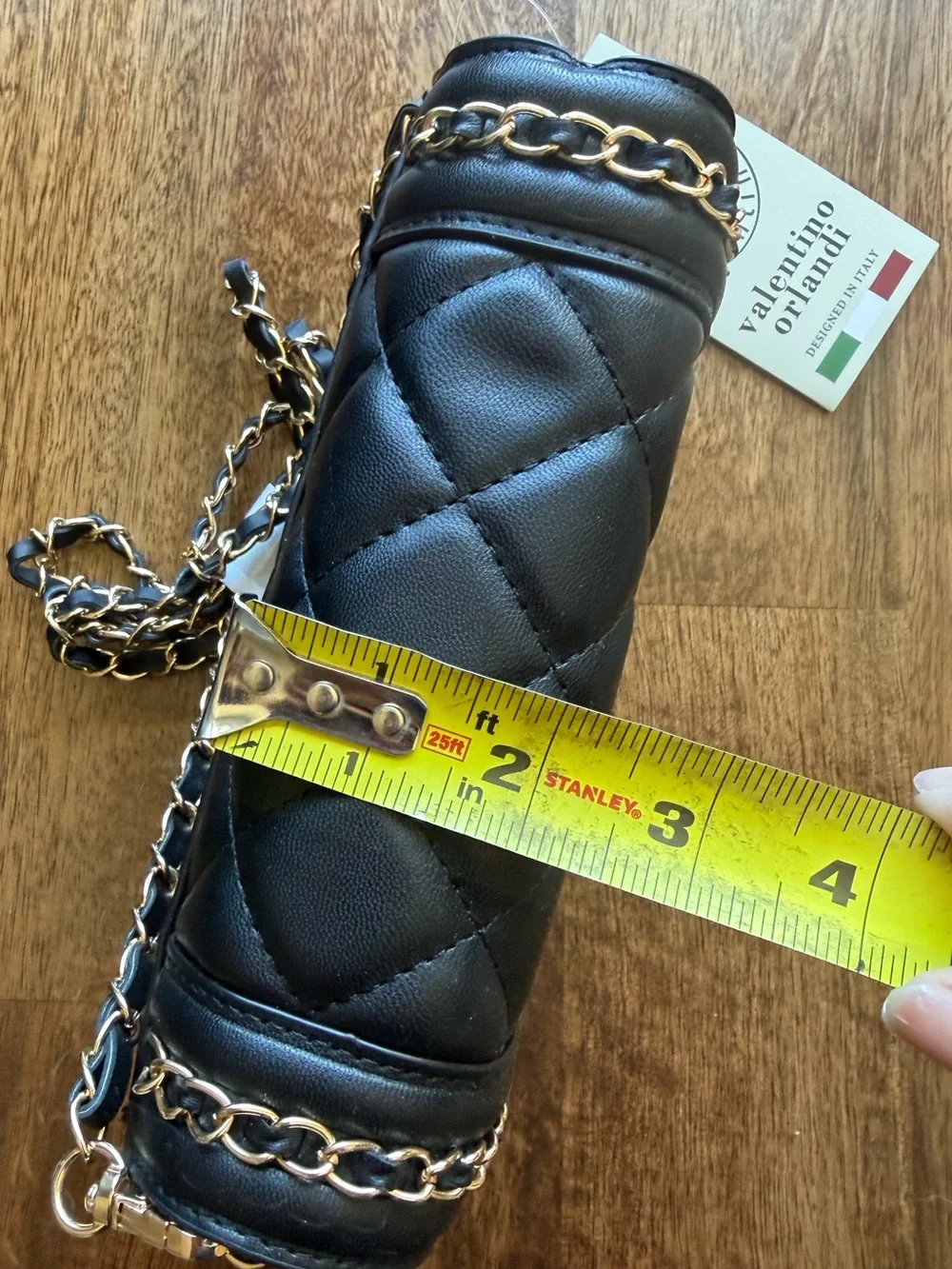 Valentino Orlandi Black Quilted Faux-Leather Crossbody with Gold Chain & V-Lock