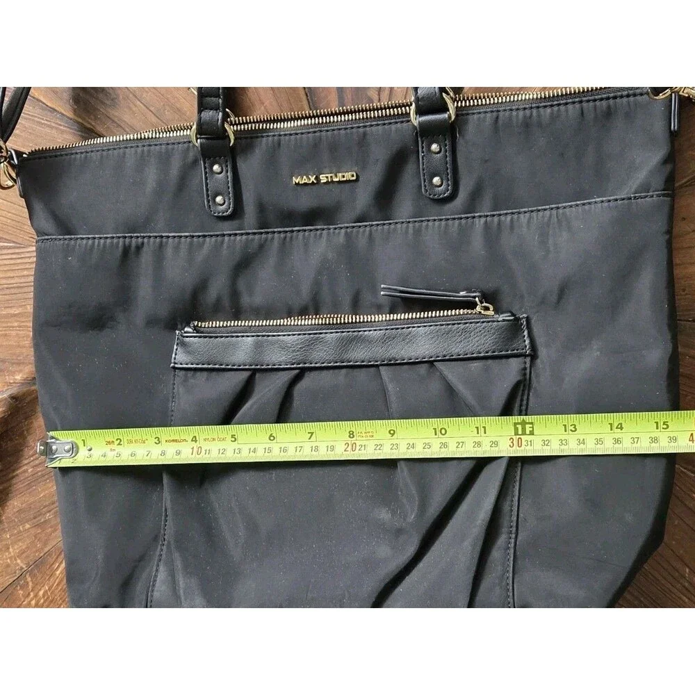 MAX STUDIO Black Satchel Top Handle Bag, Zip, Detachable Adjustable Strap, Gold