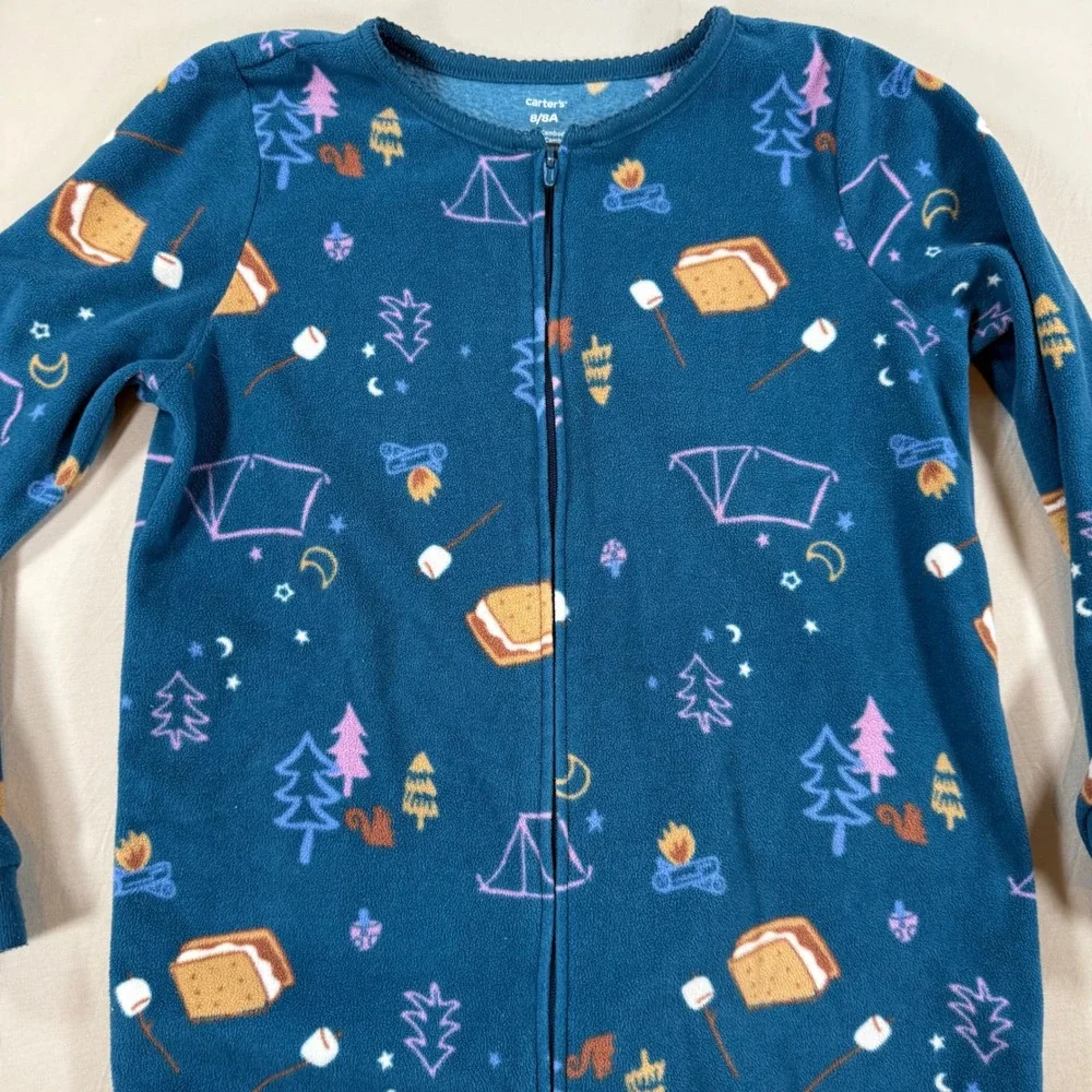 Carters Kids Blue Fleece‎ Footed Pajamas Smores Camping Print Child Size 8